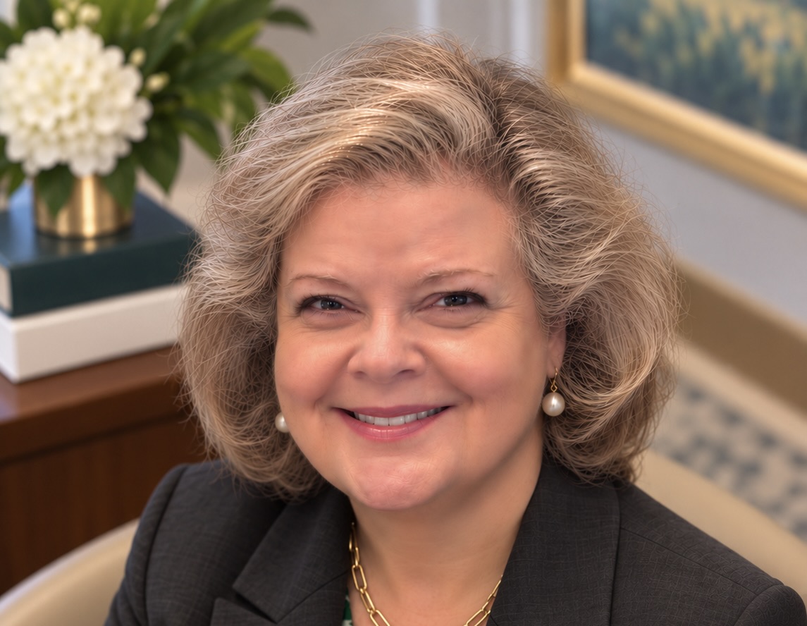 Professional headshot of a smiling woman with blonde hair in a dark suit.